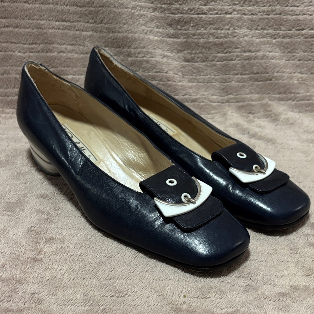 Vintage Collette Navy & White Buckle   Flats